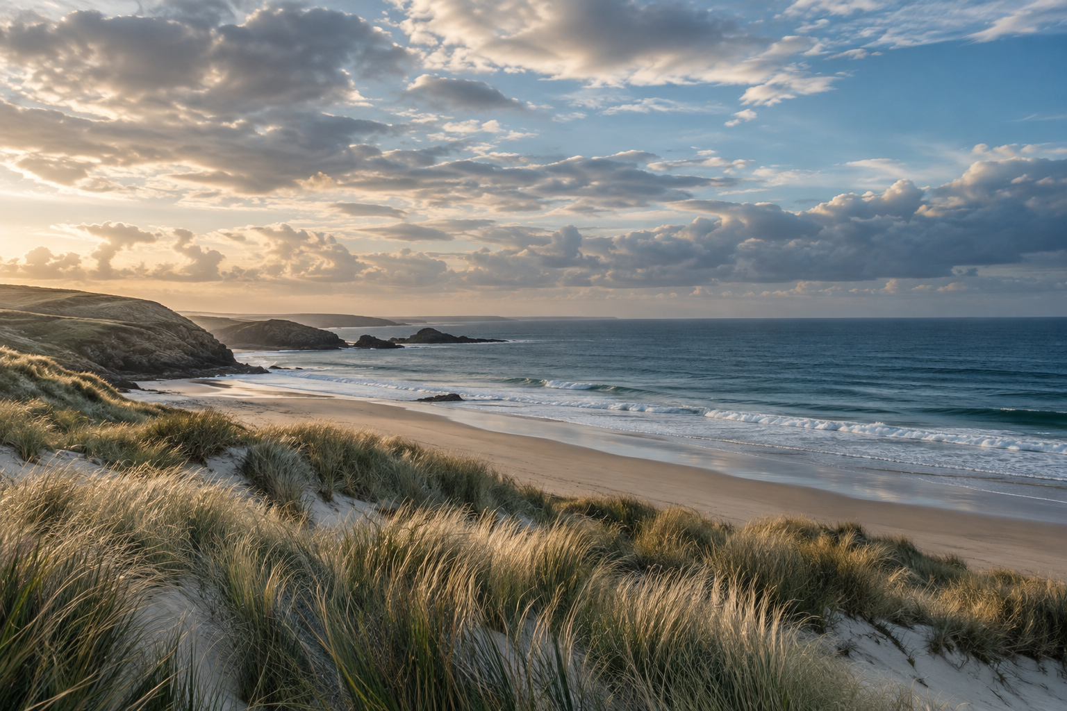 A quiet coastline under a wide, cloud-filled sky