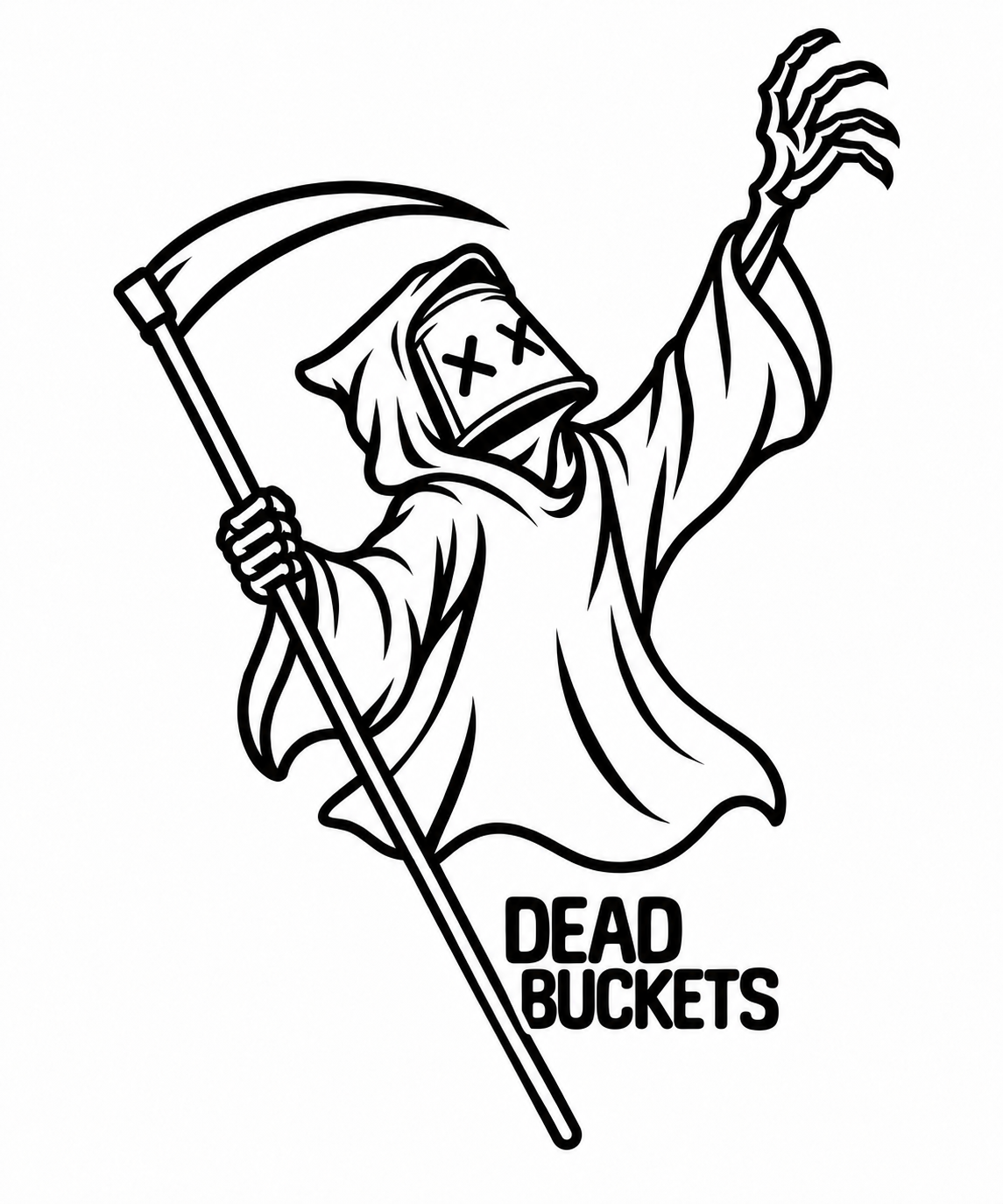 Dead Buckets logo: hooded bucket reaper with X eyes, a scythe, and an outstretched skeletal hand